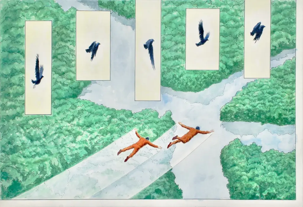 Art by Peter Rostovsky depicting five flying crows above two flying men with a background of a forest and a river.