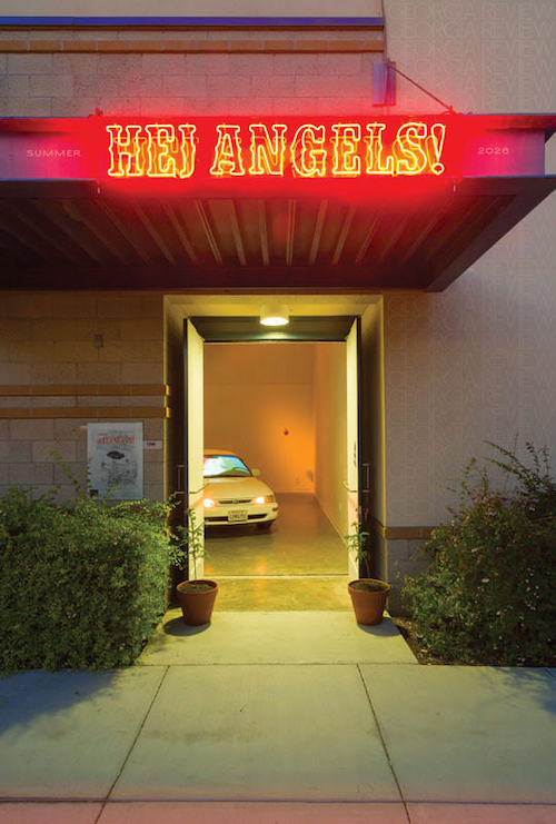 Color cover image of The Georgia Review, 80.2. The image depicts a doorway into a building with a white car inside and a neon sign that says "HEJ ANGELS"